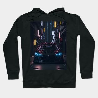 Dark Sports Car in Japanese Neon City Hoodie